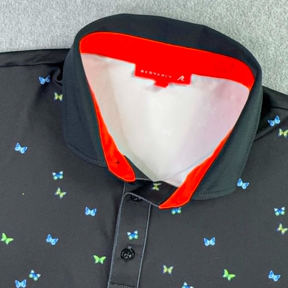 Redvanly‎ Golf Polo Shirt Men's Medium Black Butterfly Print Performance Stretch